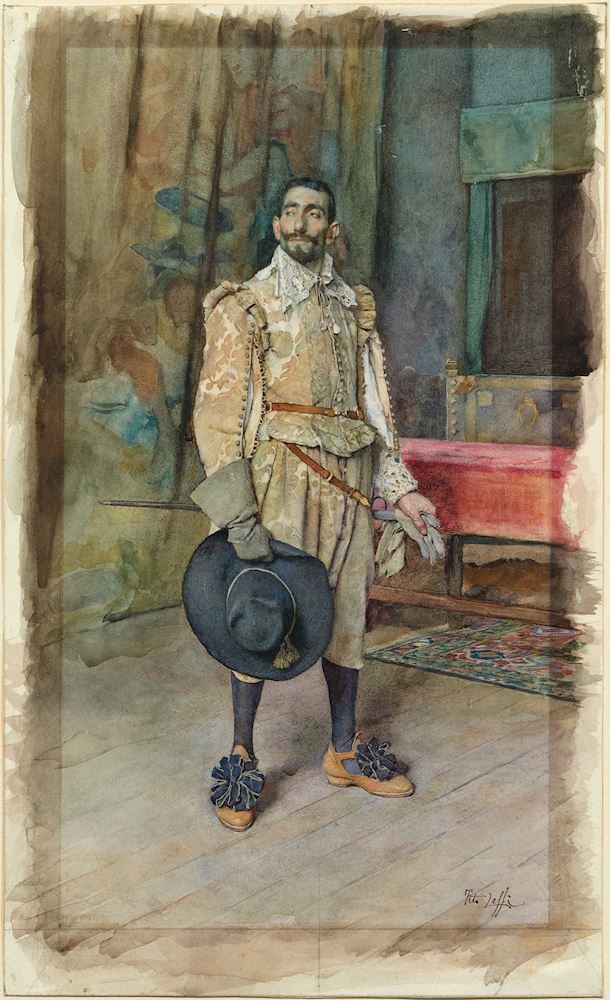 Man in historical costume with hat and sword in a bedchamber - Tito Lessi