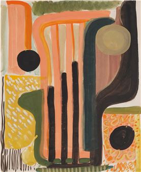 An abstract composition featuring a stylized chair-like form amidst colorful geometric shapes and organic textures.