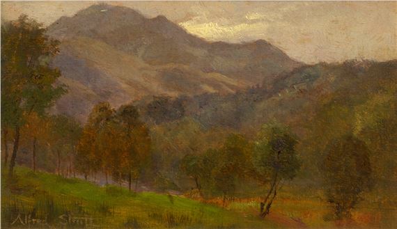 A mountain landscape with trees by Alfred William Strutt