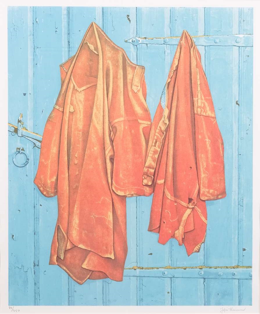 Roodbaaien hemden op blauwe deur - Jopie Huisman