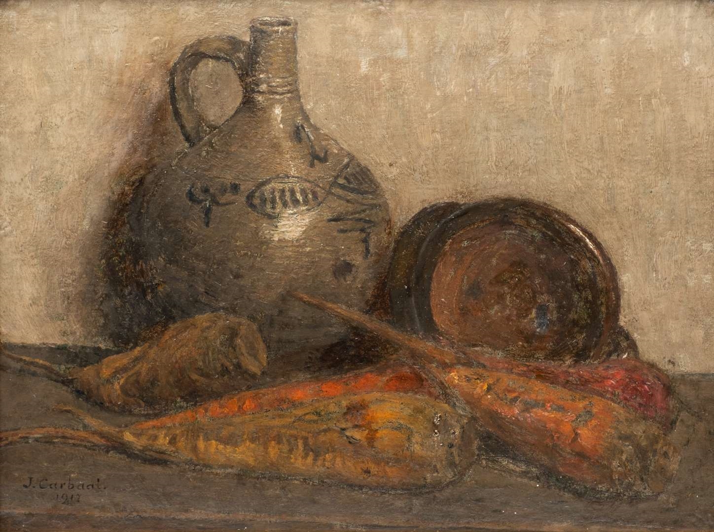 Artwork by Jan Carbaat, Stilleven met winterpeen, Made of board