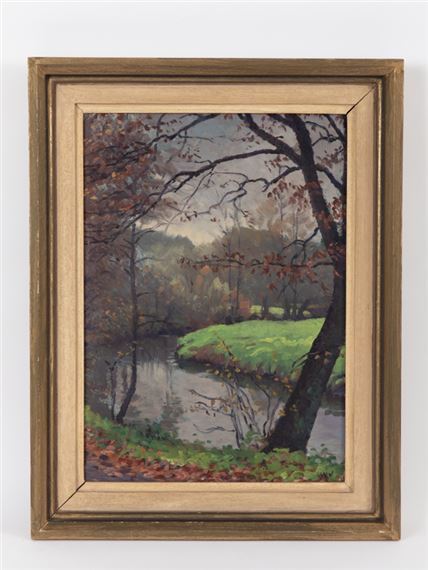 A framed landscape painting of a serene river scene with autumnal trees and soft lighting.