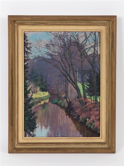 A serene landscape painting of a river winding through a forested valley.