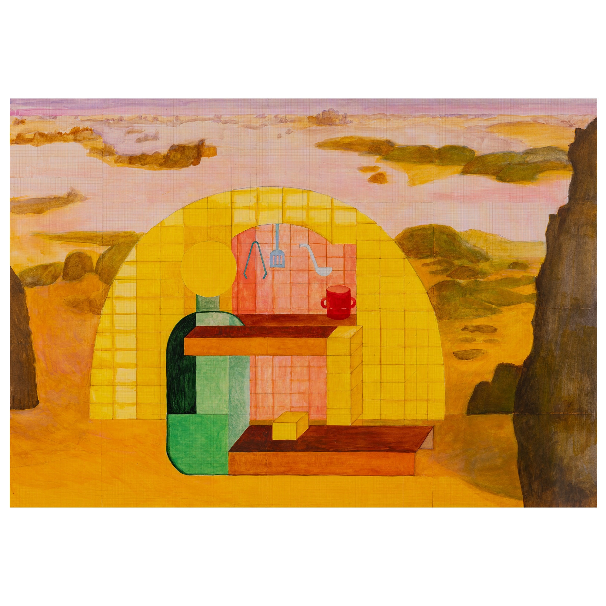 Artwork by Alina Crasovschi Feneș, The Assembling of Bricks, Made of watercolour on graph paper and collage on wooden panel