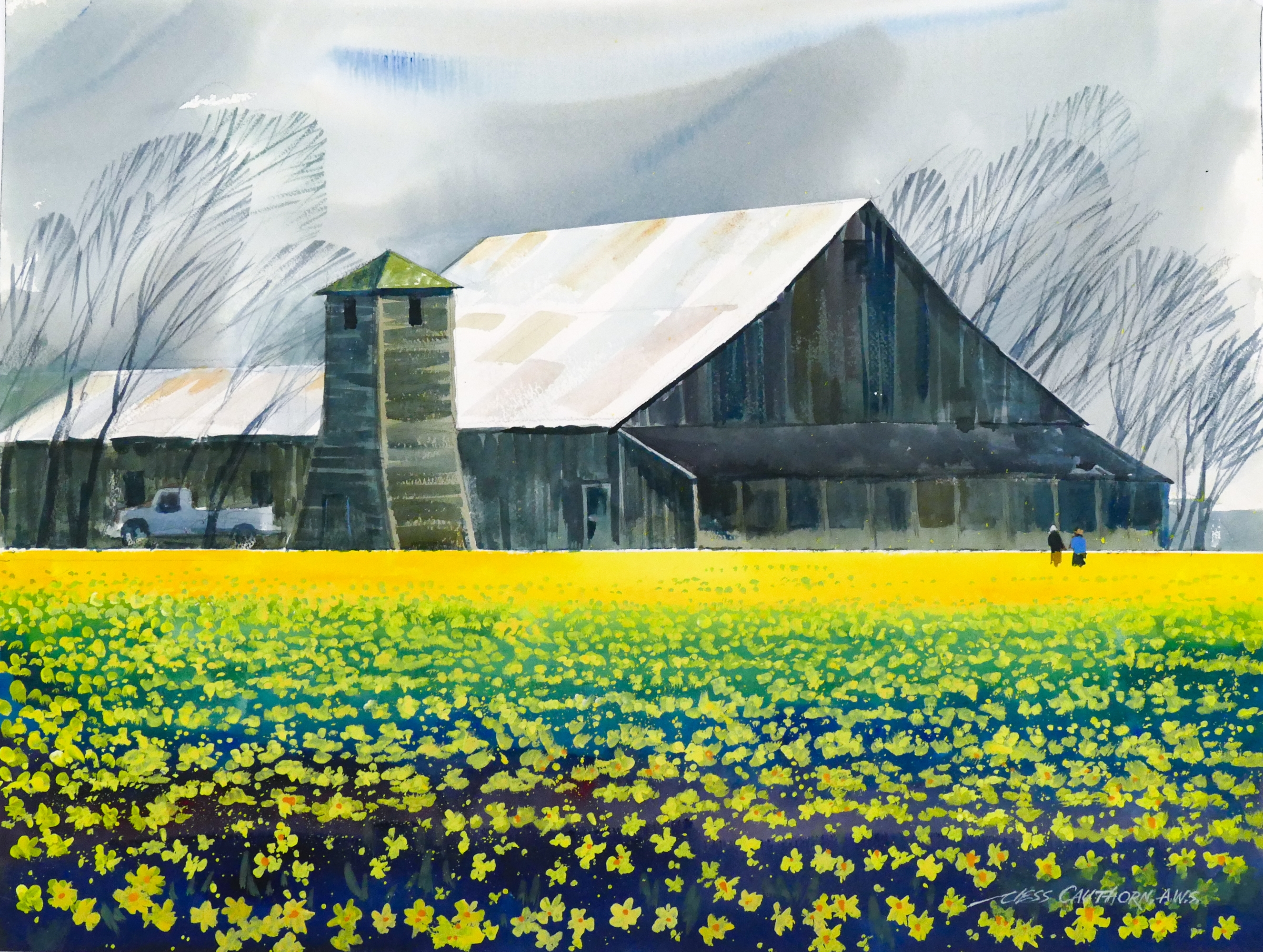 Artwork by Jess Cauthorn, Jess Cauthorn A.W.S. ''Daffodil Time'' (Skagit Valley) Watercolor, Made of Watercolor on Wove Paper