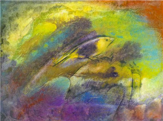 Neil Meitzler ''Yellow Bird'' Casein and Gauze on Paper 6.5''x9