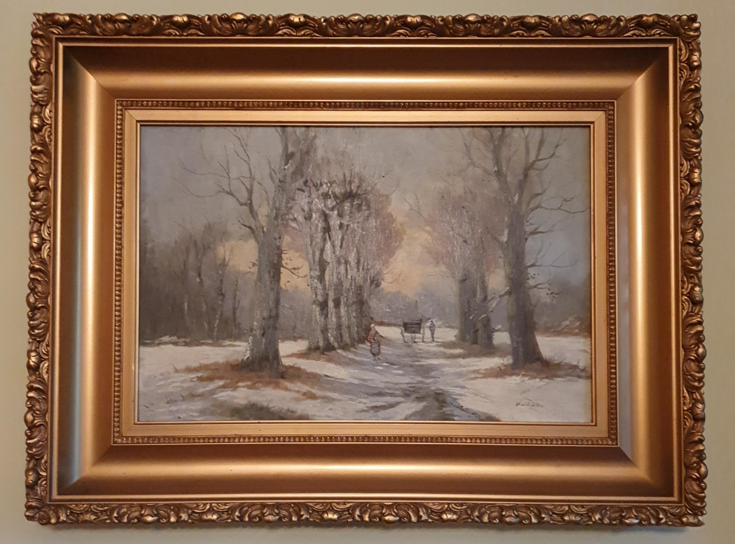 Artwork by William van Dalen, Woman walking down a snowy path, Made of Oil on Board