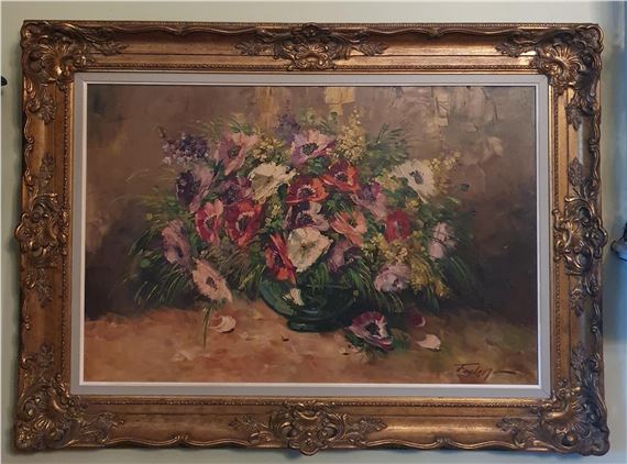 flowers in a vase on a table setting. by Leslie Furlong, early 20th Century