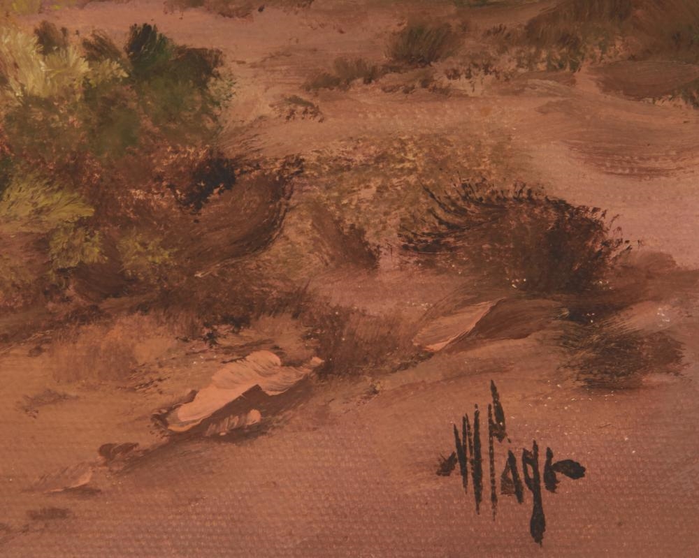 Artwork by Willard Page, Desert landscape with mountains, Made of Oil on board