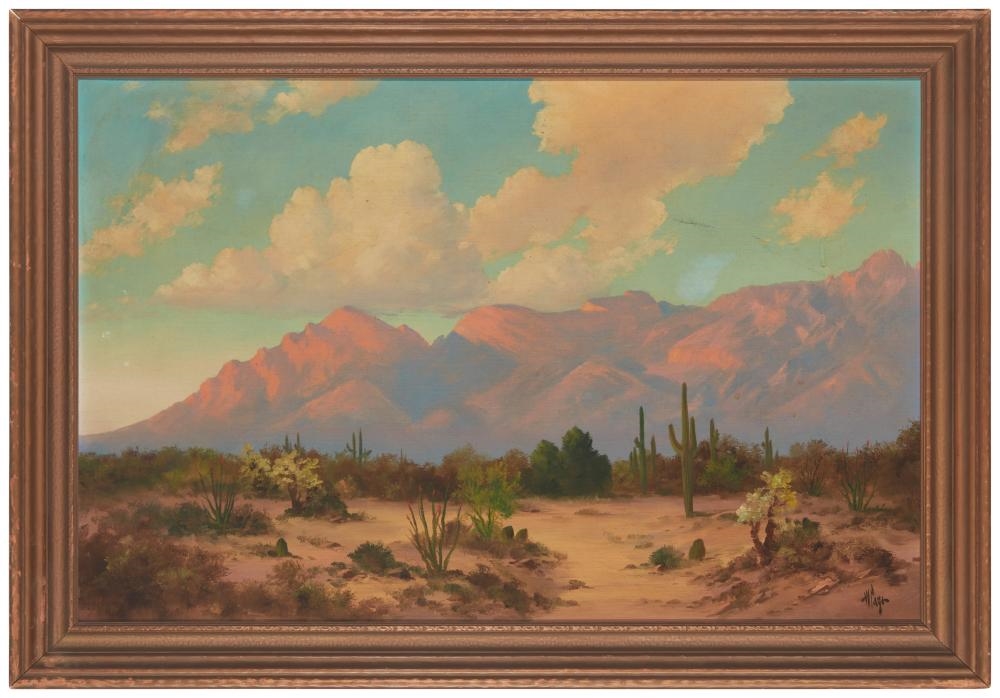 Artwork by Willard Page, Desert landscape with mountains, Made of Oil on board