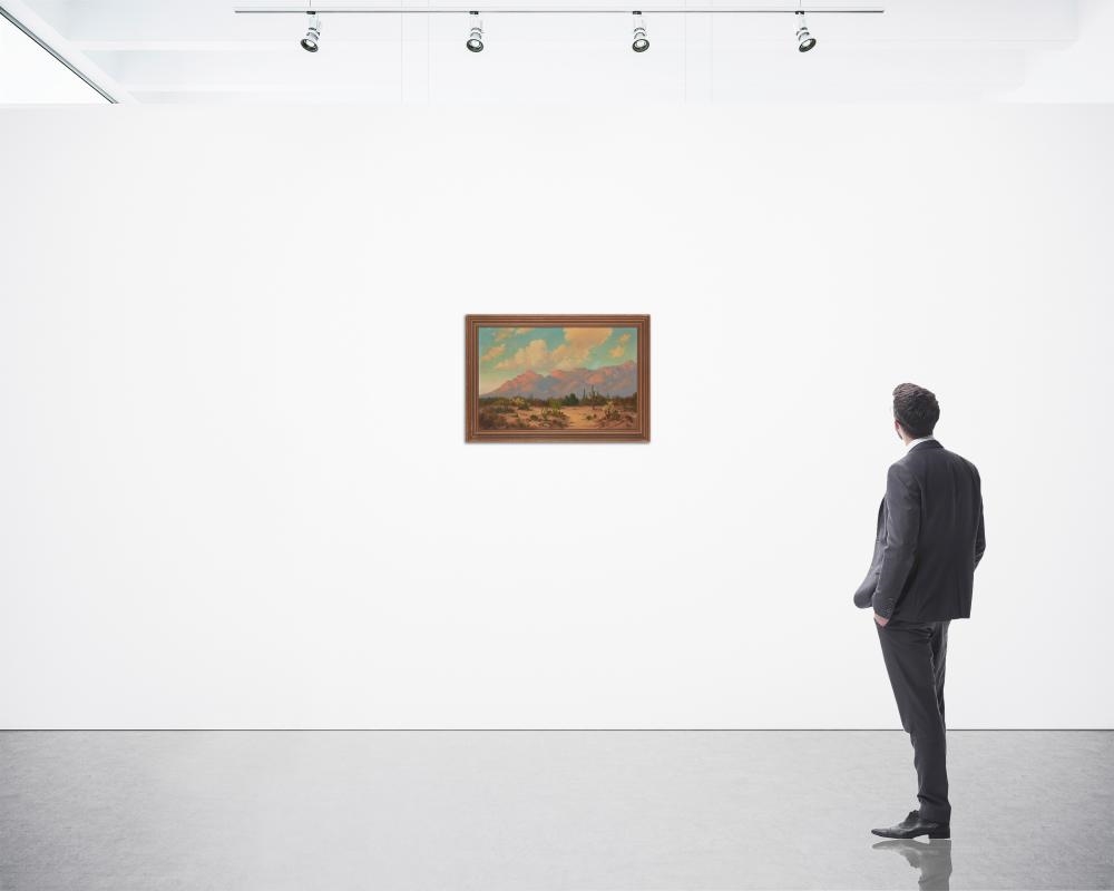 Artwork by Willard Page, Desert landscape with mountains, Made of Oil on board