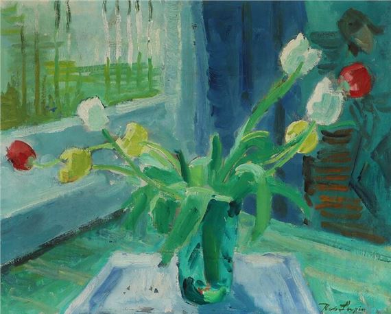 Still life wit tulips in a vase by Robert Leepin, 1970