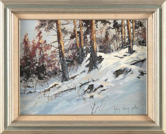 A framed winter landscape painting depicting a snowy forest scene with tall trees and patches of snow.