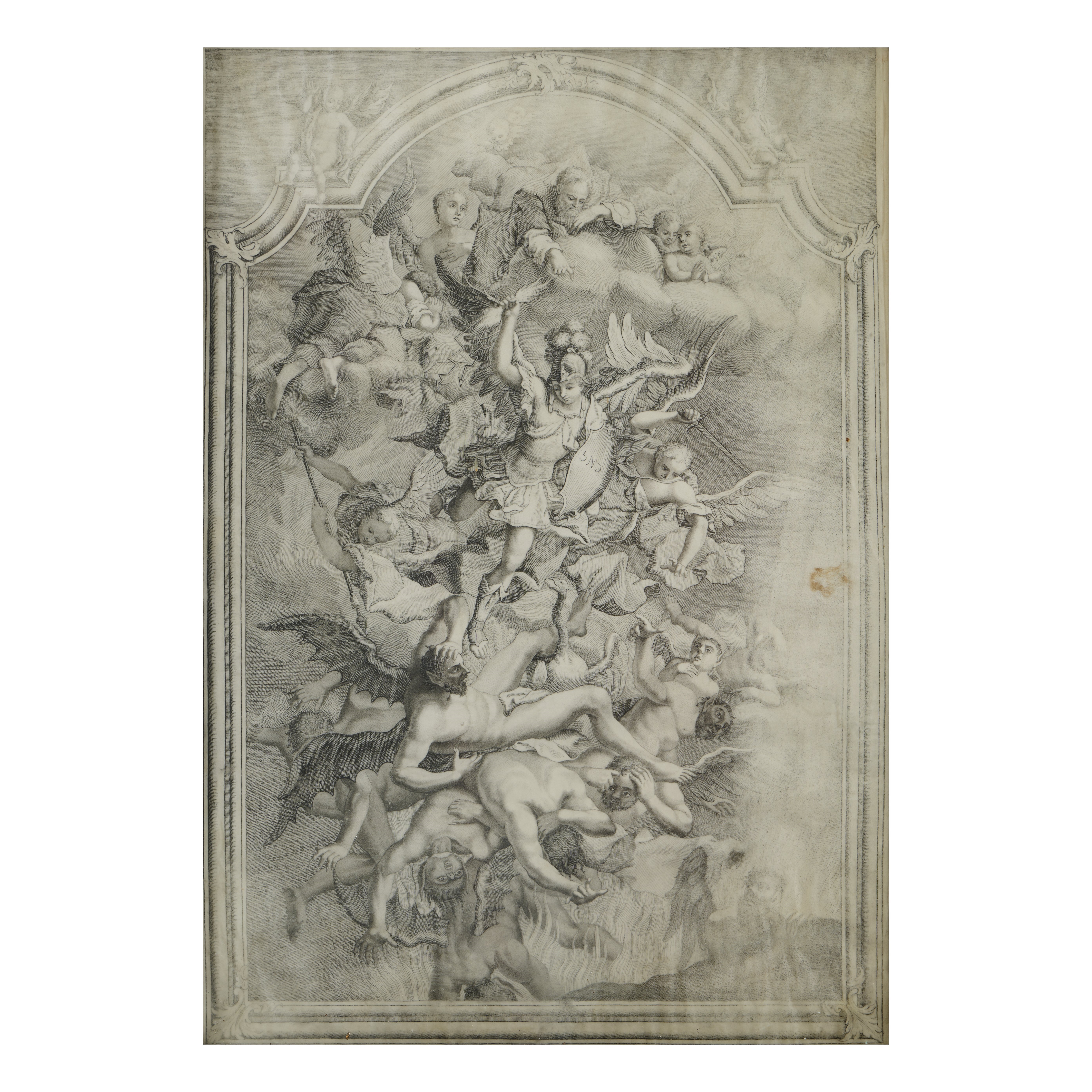 Artwork by German School, 18th Century, Archangel Michael overthrows the renegade angels, Made of Pen in black, gray-blue wash