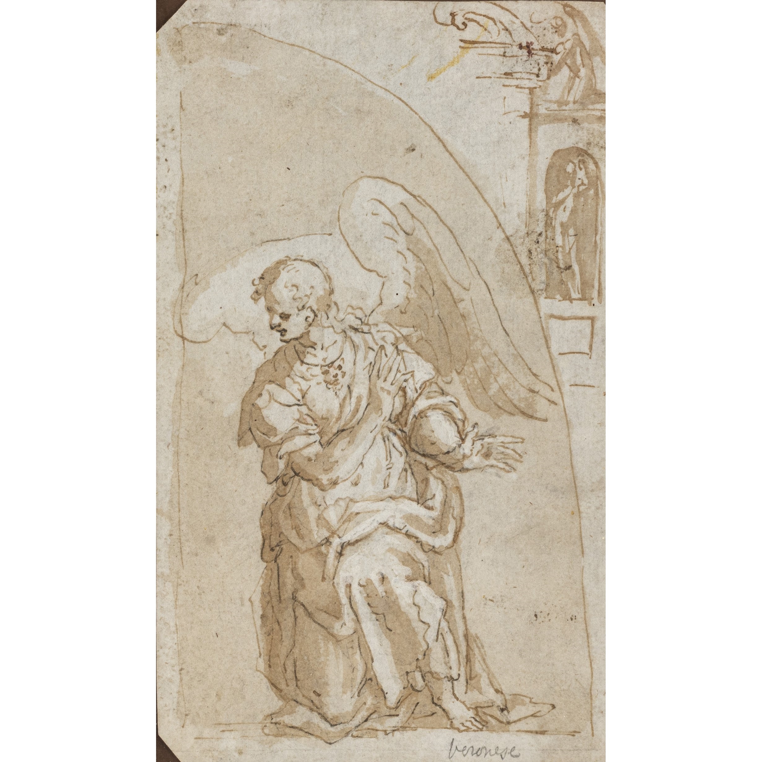 Artwork by Italian School, 16th Century, Knieender Engel, Made of Brown pen, brown wash, on paper