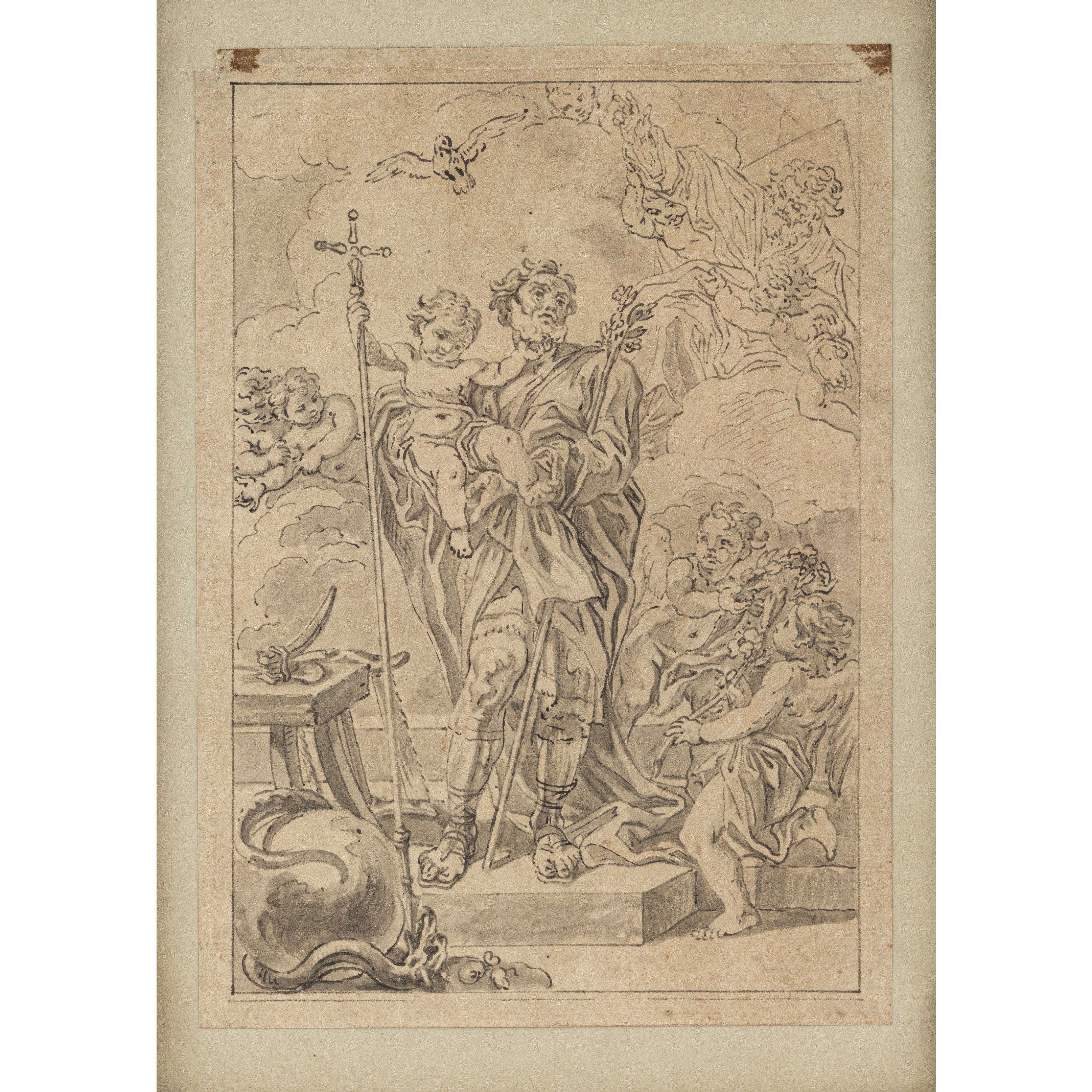 Artwork by German School, 18th Century, Two drawings: Bishop with putti in clouds and Saint Joseph, Made of black pen