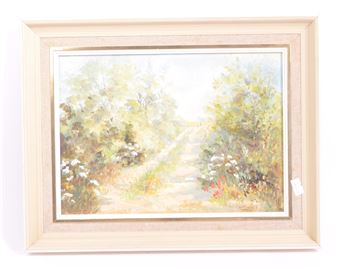 a country lane flanked by floral / foliate banks. Near Staplefield - Phillis Cridland