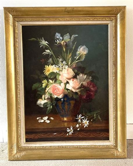 Vase of flowers on an entablature by Aurélie Léontine Malbet