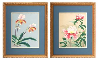 Zuigetsu Ikeda (Japanese, 1877-1944) Woodblock Prints Ca. 1940, &quot;Peonies, Orchids&quot;, H 13.75&quot; W 10.5 - Zuigetsu Ikeda