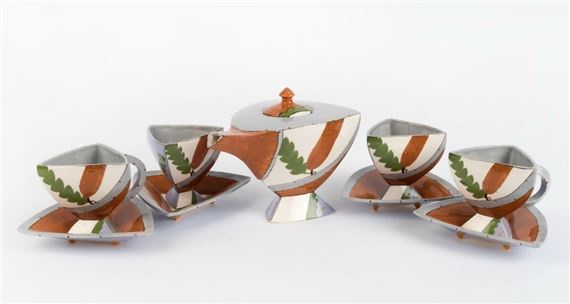 Patsy Hely | Triangular form teapot and four matching cups and saucers ...