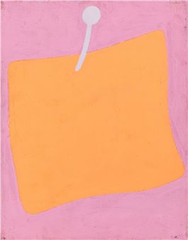 A minimalist painting featuring a large orange rectangle pinned to a pink background.