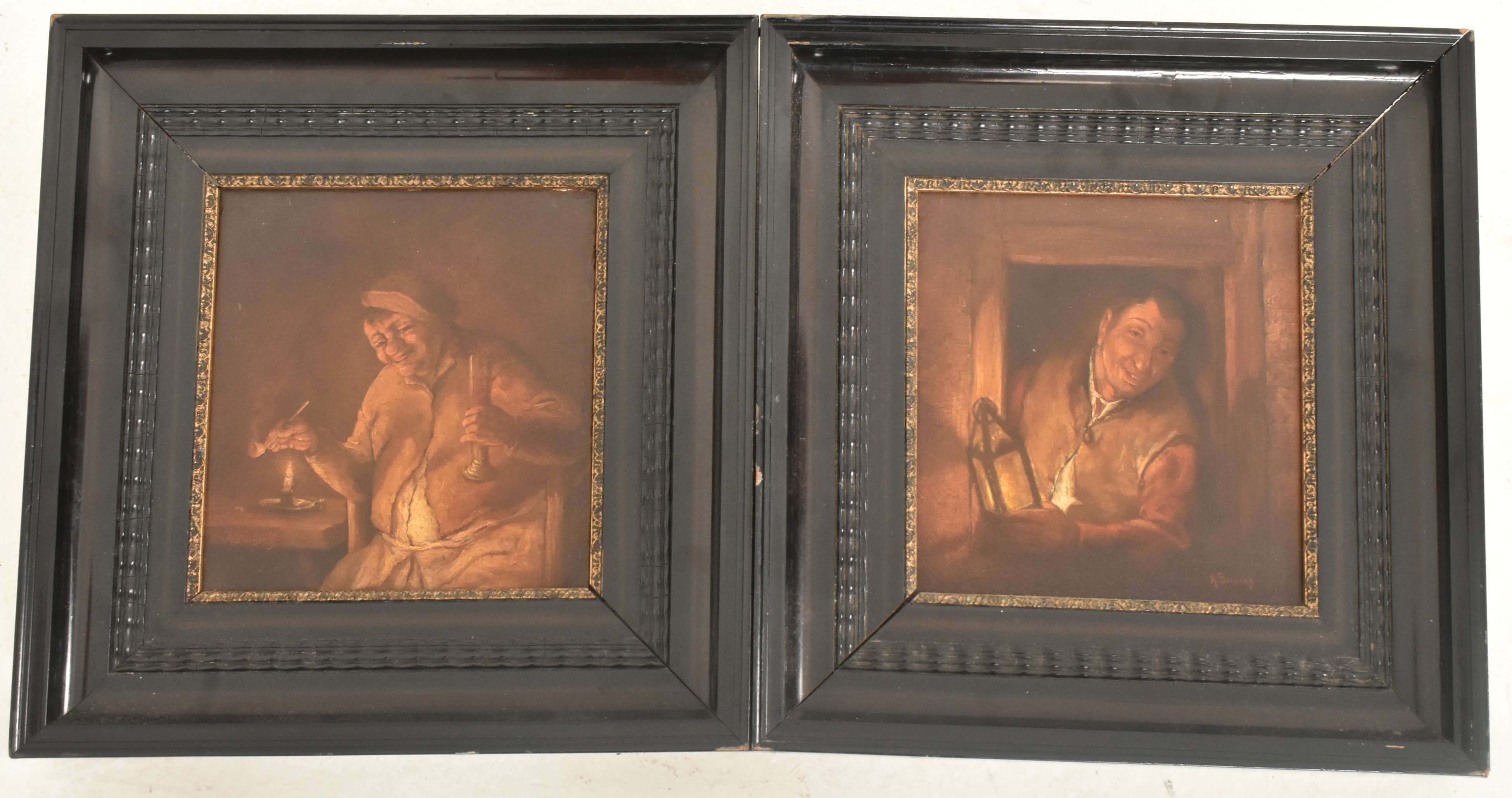 A pair of late 19th century oil on board portrait paintings after the Flemish Dutch Masters. The lot comprising of a portrait painting of man lighting a candle - Dutch School