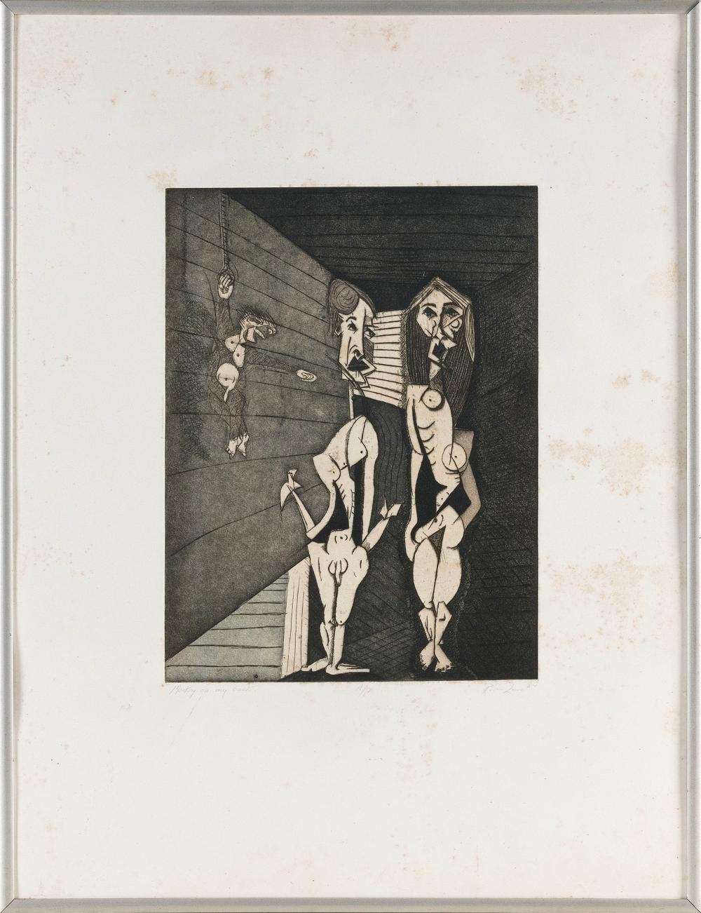 Artwork by Robin Lowe, Monkey on my Back, Made of Black and white engraving