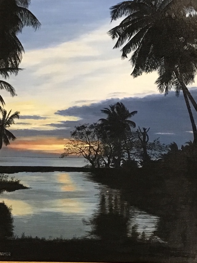 Artwork by J. A. Harmer, a rickshaw at sunset, Made of oils on board