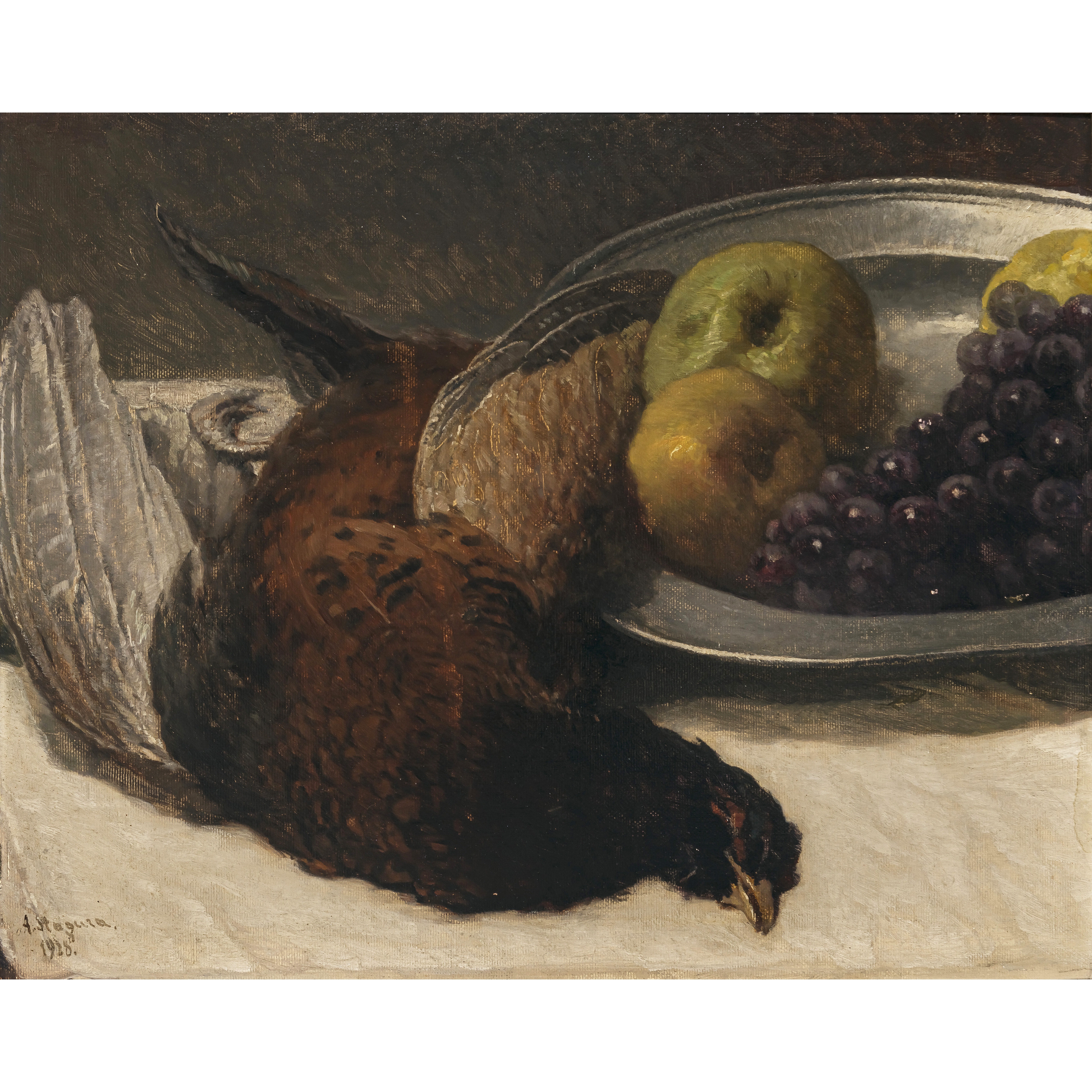 Artwork by Albert Stagura, Still life with apples, grapes and partridge, Made of Oil auf painting board
