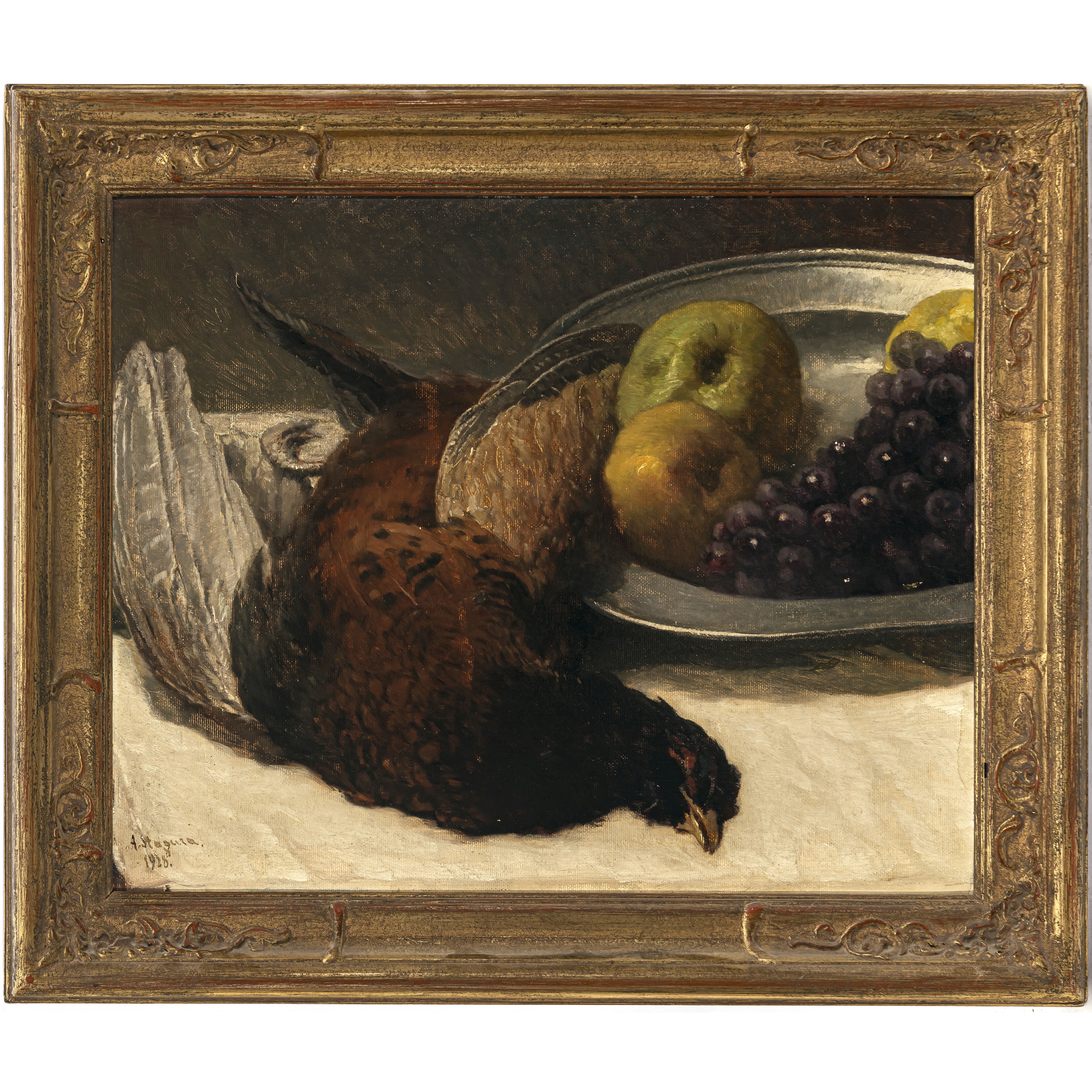 Artwork by Albert Stagura, Still life with apples, grapes and partridge, Made of Oil auf painting board