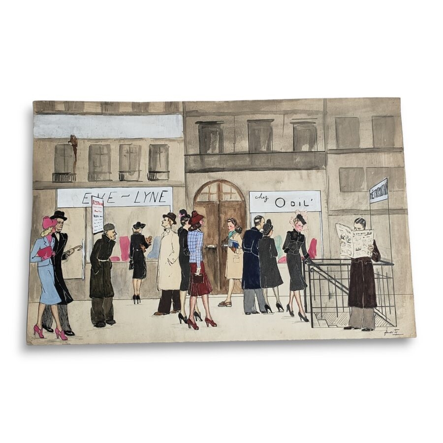 Artwork by Oswaldo Ferreira Mirand, Scène de rue Art Déco, Made of Watercolor and gouache