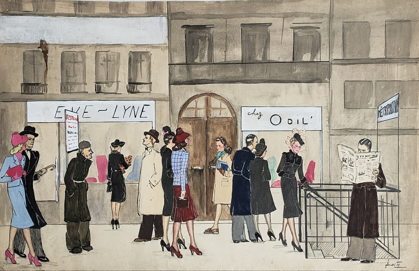 Artwork by Oswaldo Ferreira Mirand, Scène de rue Art Déco, Made of Watercolor and gouache