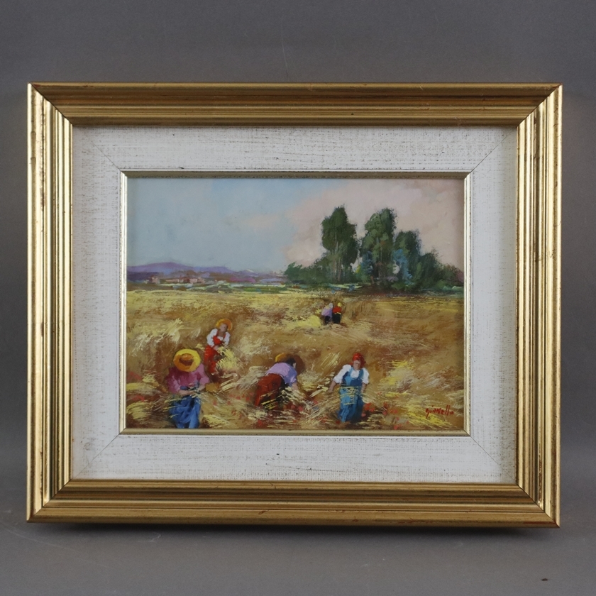Artwork by Mario Gianello, Gianello, Mario (* 1935 in Bologna) - Bei der Ernte, Öl auf Holzfaserplatte, unten rechts signiert, Made of oil on wood