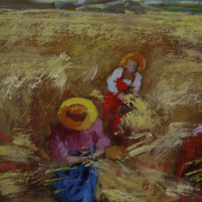Artwork by Mario Gianello, Gianello, Mario (* 1935 in Bologna) - Bei der Ernte, Öl auf Holzfaserplatte, unten rechts signiert, Made of oil on wood