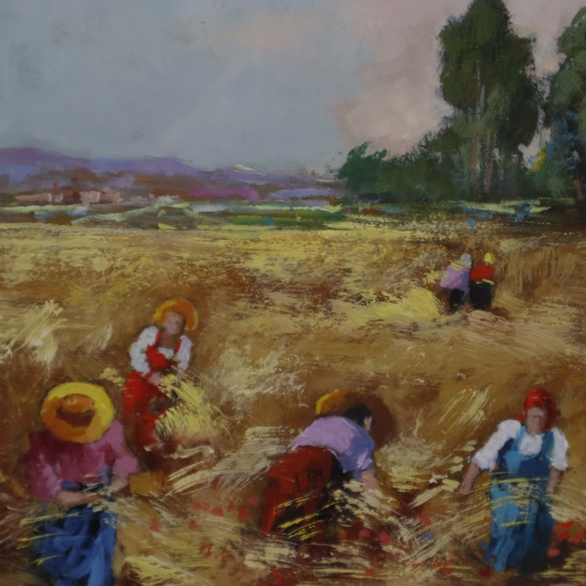 Artwork by Mario Gianello, Gianello, Mario (* 1935 in Bologna) - Bei der Ernte, Öl auf Holzfaserplatte, unten rechts signiert, Made of oil on wood