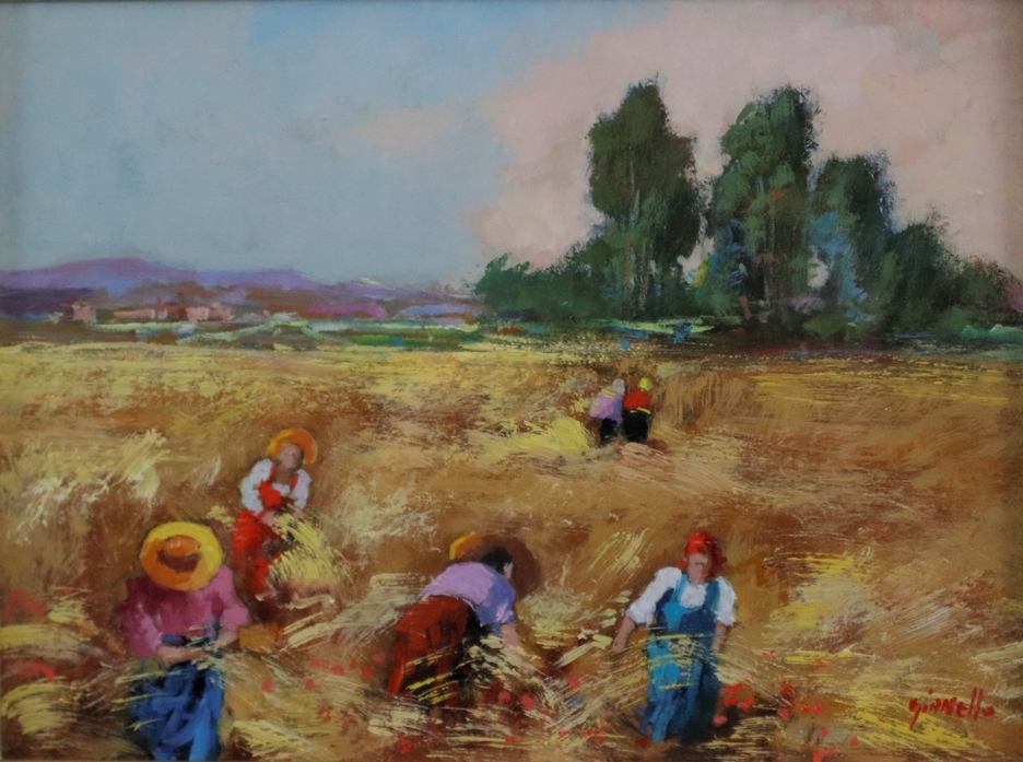 Artwork by Mario Gianello, Gianello, Mario (* 1935 in Bologna) - Bei der Ernte, Öl auf Holzfaserplatte, unten rechts signiert, Made of oil on wood