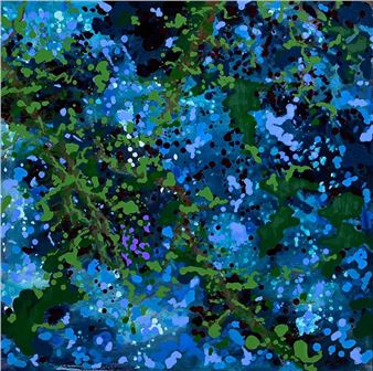 A vibrant abstract composition of a forest canopy rendered in bold blues and greens.