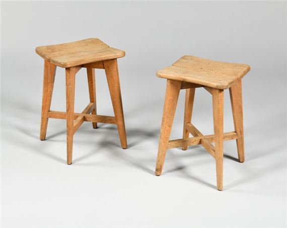 Marcel Gascoin | Pair of Trèfle stools Oak 45 x 30 x 30 cm