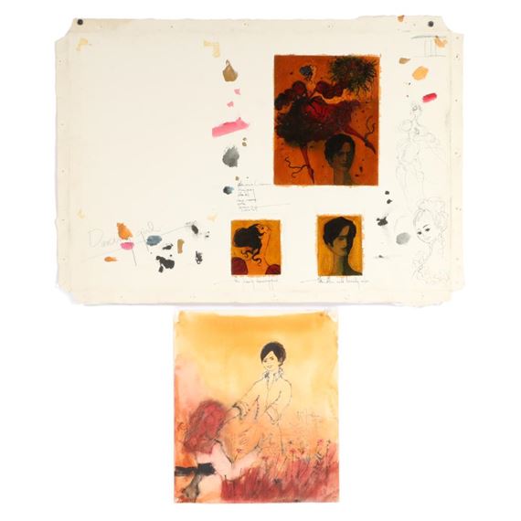 A mixed-media collage featuring a central portrait and smaller sketches on textured paper.