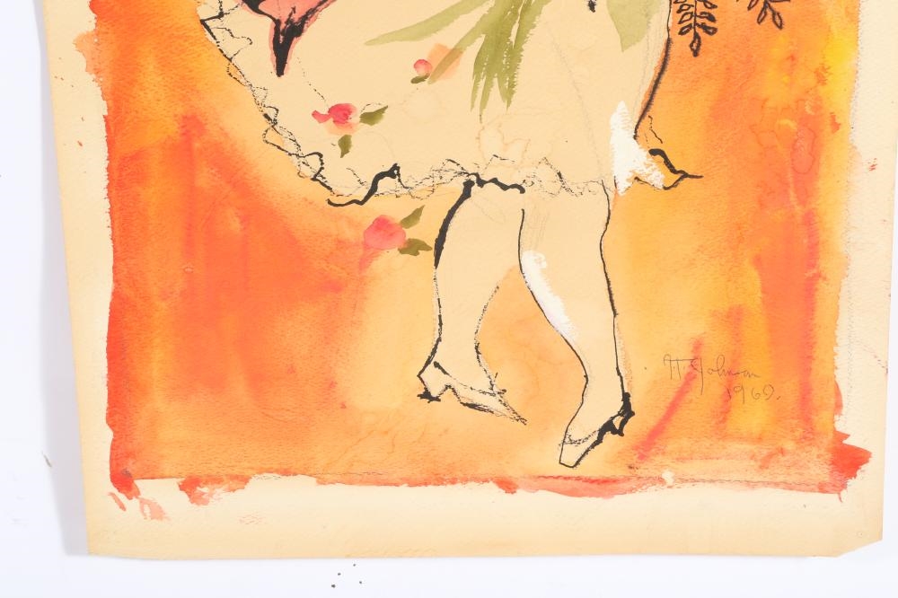 A watercolor illustration of a bride with red hair holding a bouquet, set against a warm orange background.