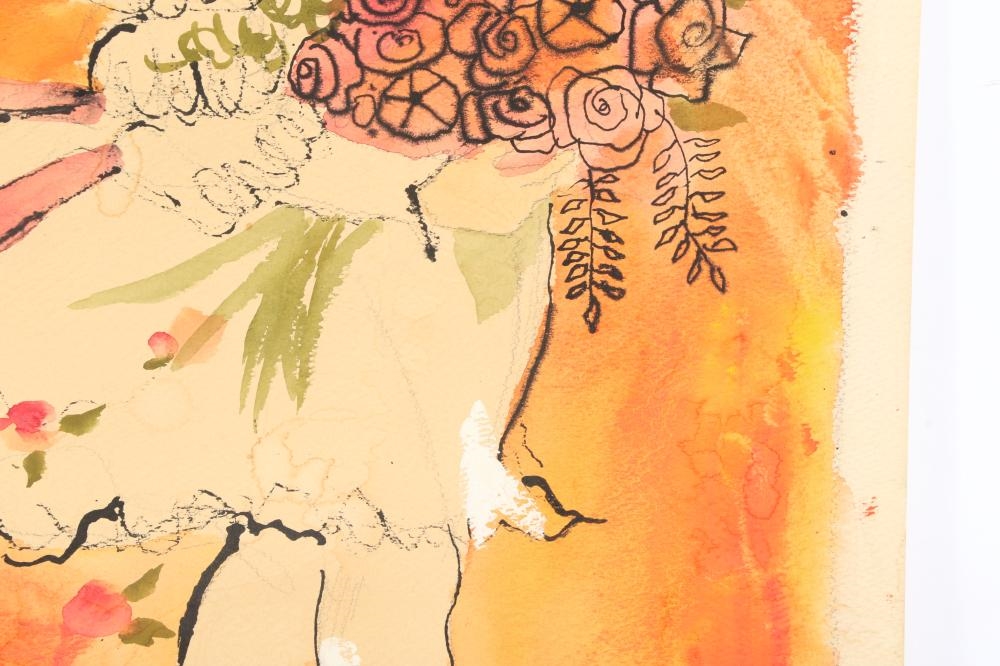 A watercolor illustration of a bride with red hair holding a bouquet, set against a warm orange background.