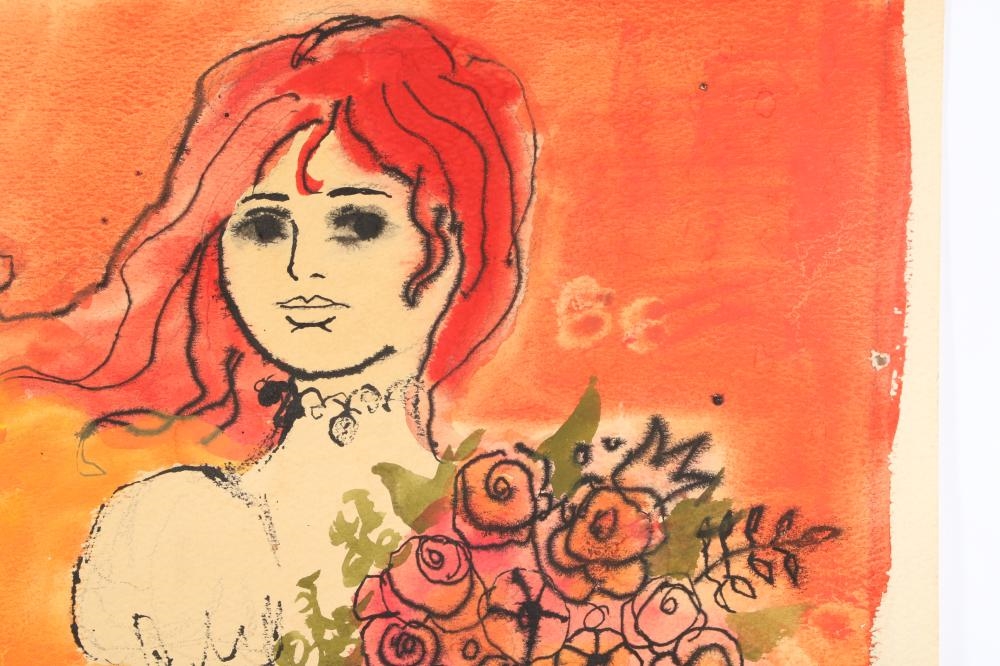 A watercolor illustration of a bride with red hair holding a bouquet, set against a warm orange background.