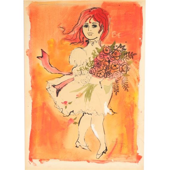 A watercolor illustration of a bride with red hair holding a bouquet, set against a warm orange background.