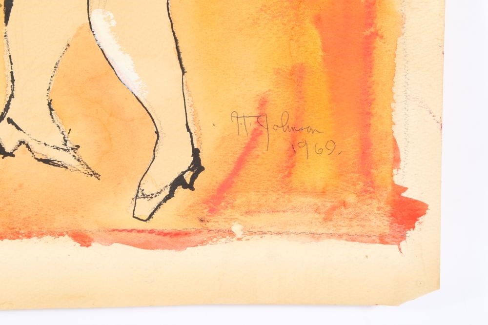 A watercolor illustration of a bride with red hair holding a bouquet, set against a warm orange background.