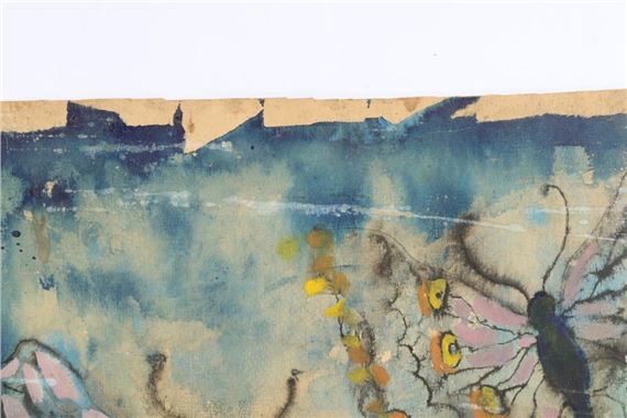 A watercolor painting of a butterfly hovering over a blue, textured landscape.
