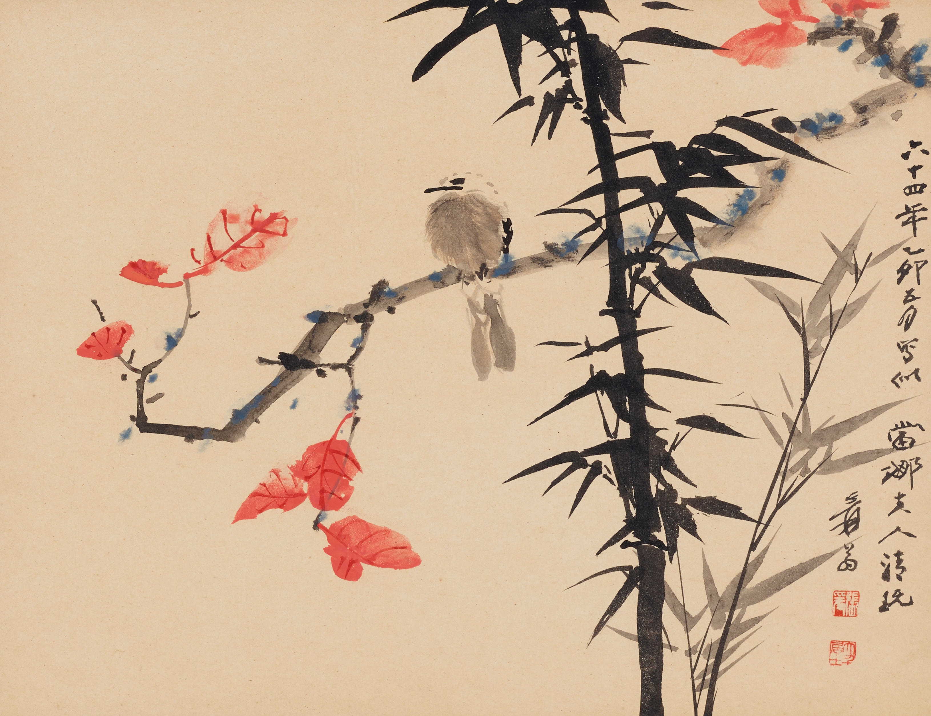 Artwork by Zhang Daqian, Bird Perching on a Red-leaf Branch, 1975, Made of ink and color on card paper