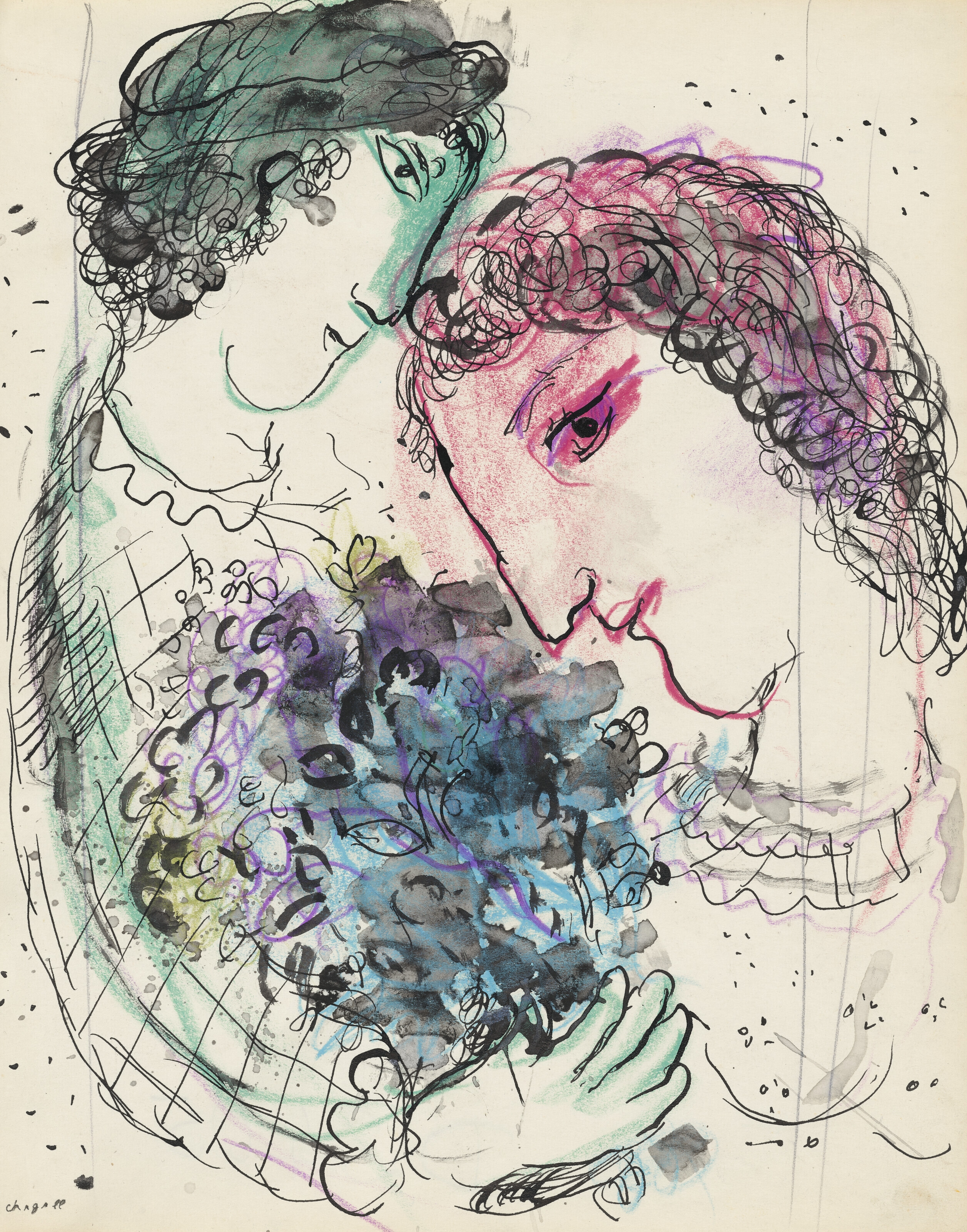 Marc Chagall | Amoureux aux profils vert et rose | MutualArt