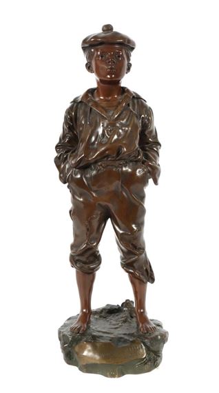 "Mousse Siffleur" (Pfeifender Knabe), Bronze patiniert, vollplastische Ausführung eines pfeifenden Jungen mit Barett, die Hände in der Hosentasche, auf einem Natursockel stehend, vorne bez. - Vaclav Szczeblwski