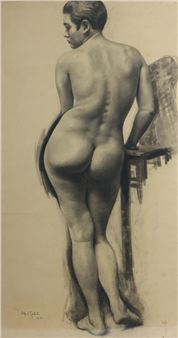 "Damenakt", Rückenansicht stehend, die Dargestellte ist wohl das Modell "Lady in red" von Dix, unten links sign. - Alfred Gabel