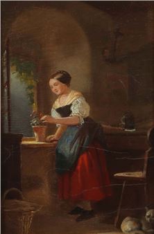 &quot;Frau am Fenster&quot;, junge Frau mit Blumentopf am Fenster stehend, unten rechts bez. - Hanno Rhomberg